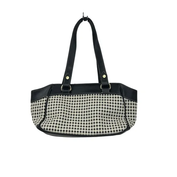 Ann Taylor LOFT Woven Polka Dot Shoulder Bag Satchel Purse Gold Accents - Picture 1 of 9